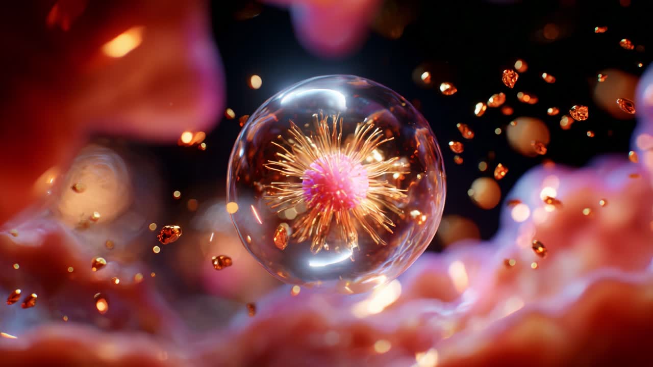 A stunning visualization of a dynamic, glowing sphere surrounded by particles and molecular elements, showcasing the intricate beauty of microscopic interactions in a colorful environment filled with vibrant hues