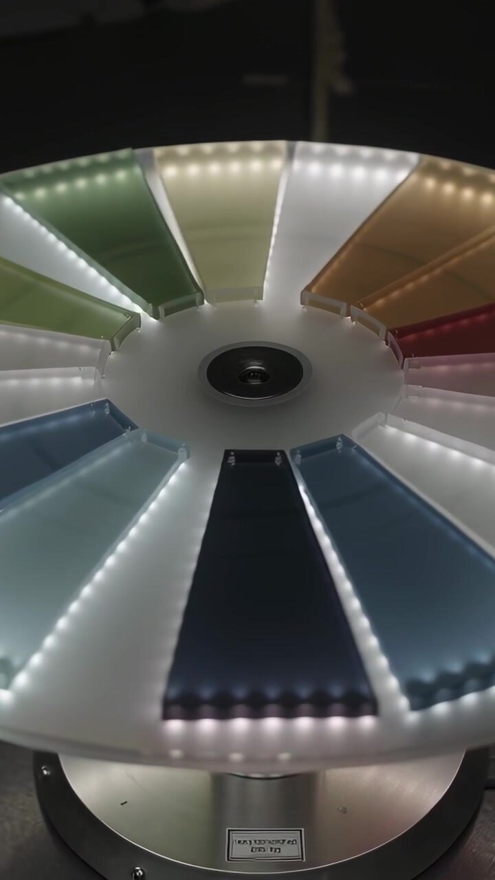 Vídeo vertical: Cabo de alimentação acionando roda de cores que gira no sentido horário sobre uma bancada, revelando LEDs