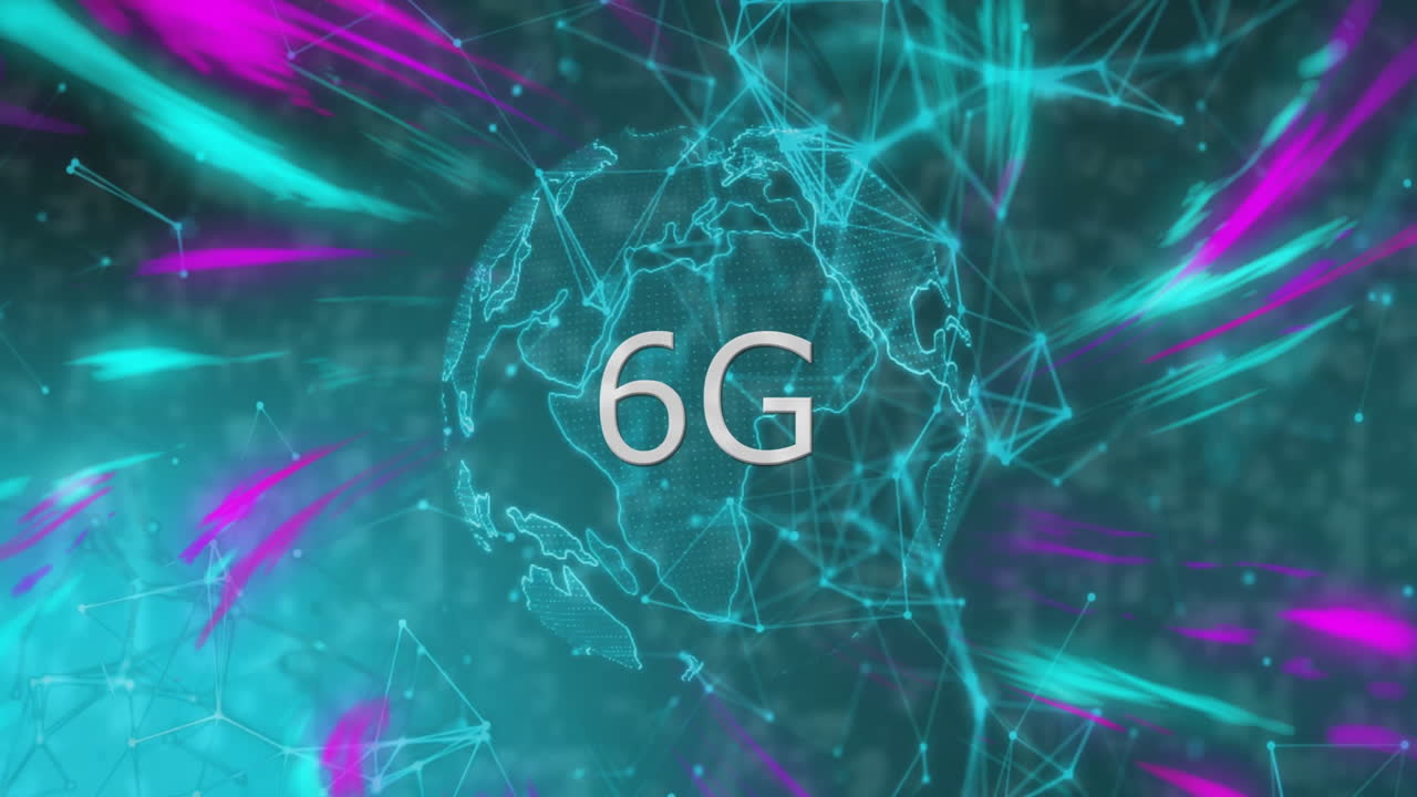 네온 선과 연결을 가진 디지털 글로브 위의 6g 텍스트 애니메이션