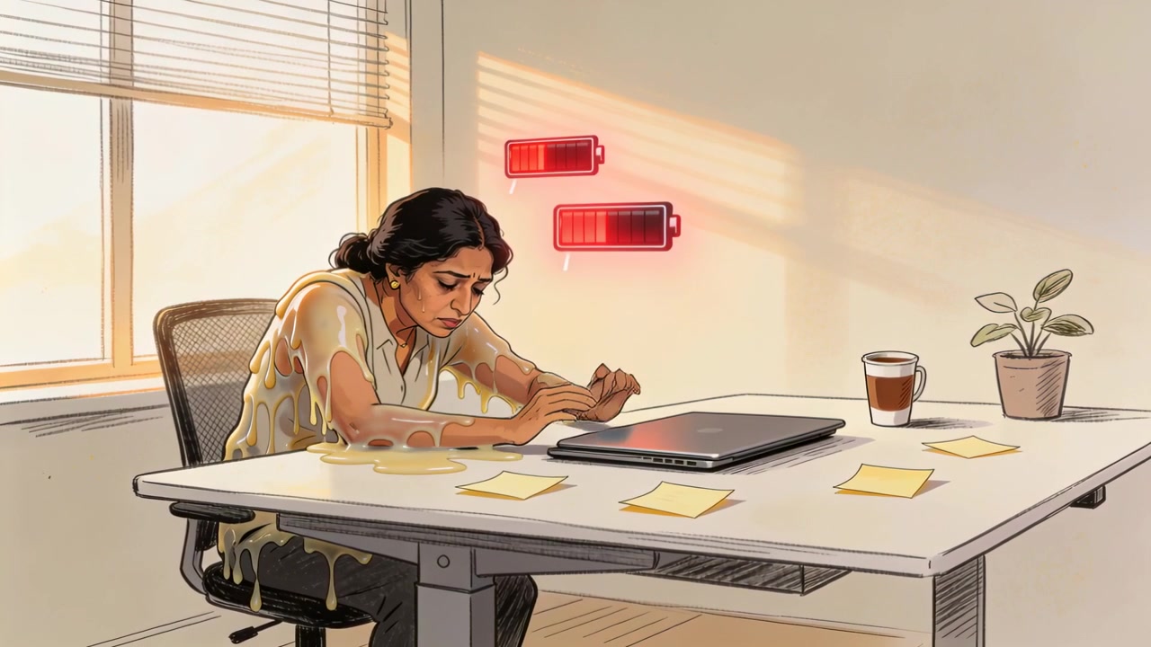 Reacting to low battery icons, Indian woman withdrawing hands and slumping at desk, melting clothes
