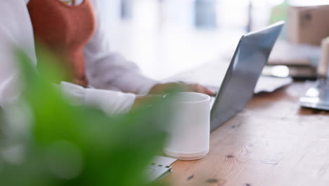 typing, laptop and search with hands of woman
