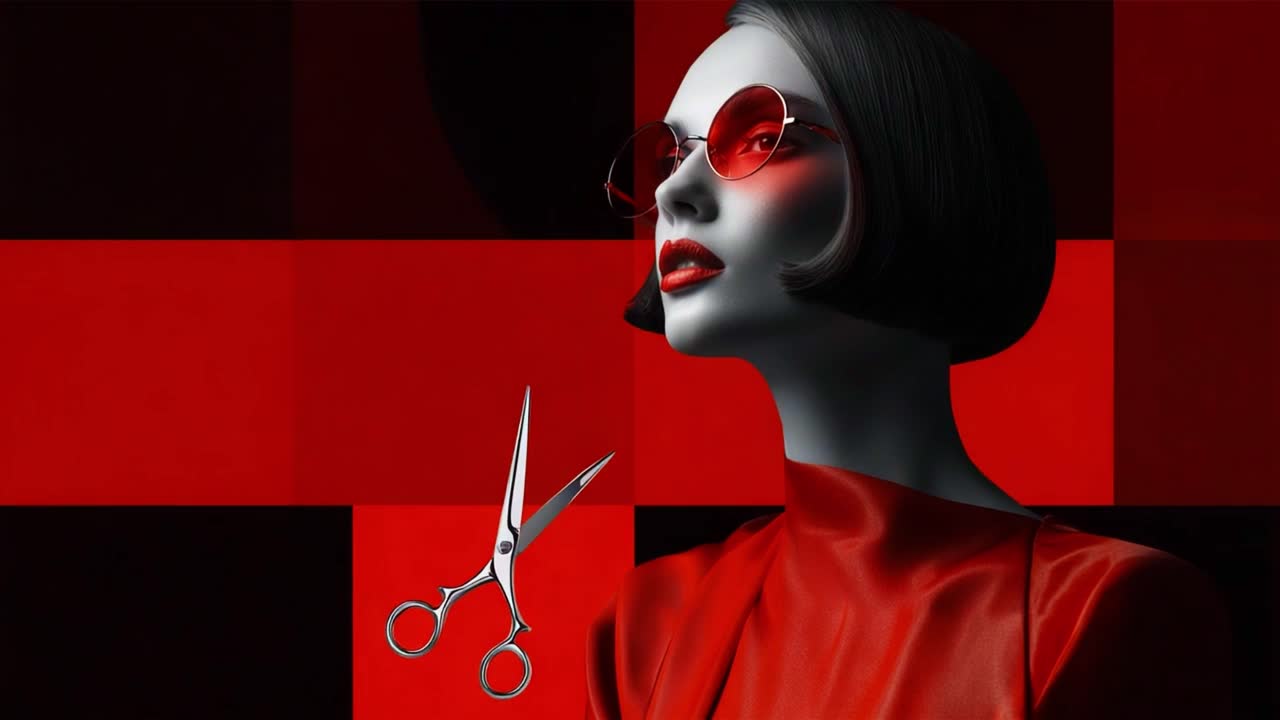A Stylish Transformation: Elegant Woman with Bold Red Elements and Scissors Illustrating a Chic Haircut or Style Change in a Modern Fashion Photography Aesthetic
