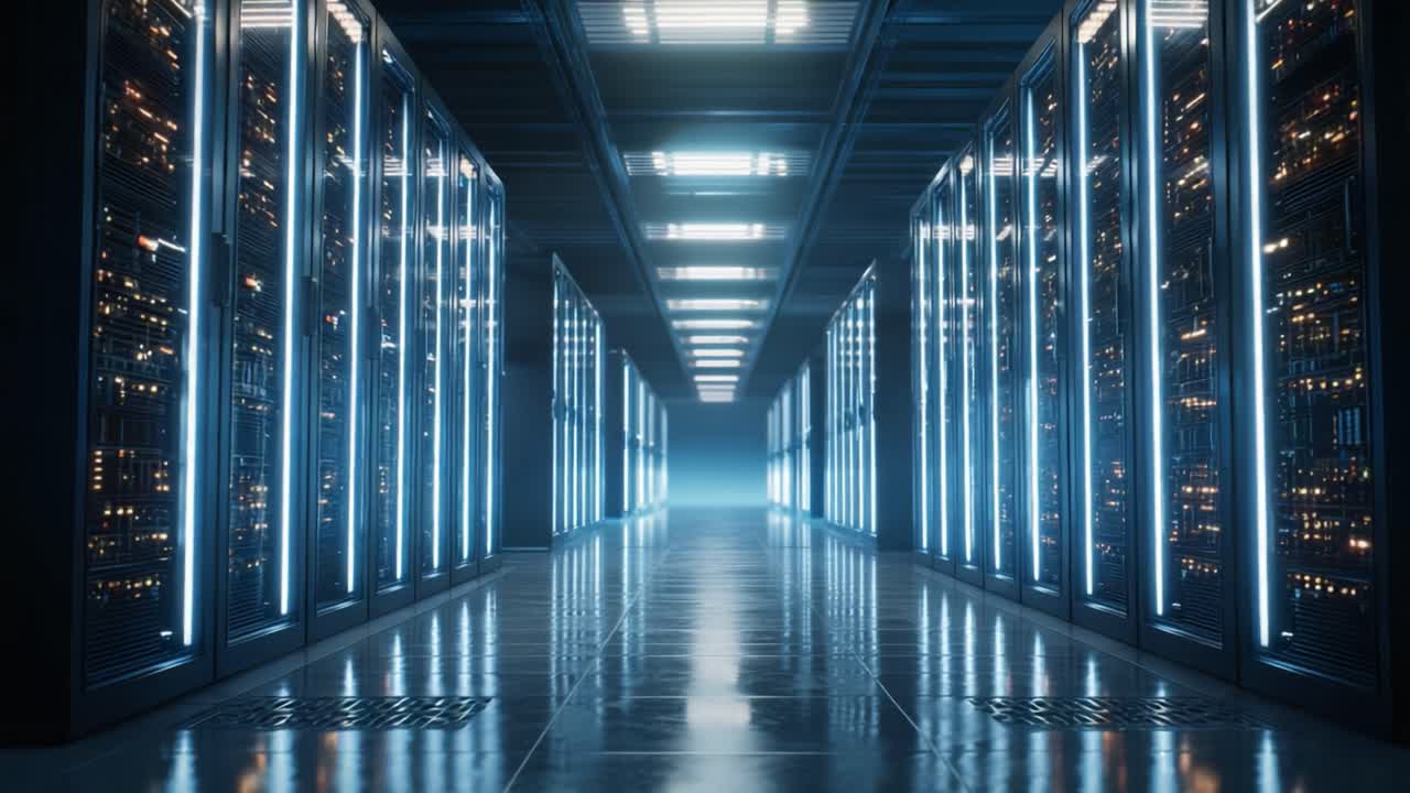 A Stunning View of a Modern Data Center Corridor, Showcasing Rows of Servers Illuminated by Soft Blue Lighting, Creating an Atmosphere of Advanced Technology and Innovation
