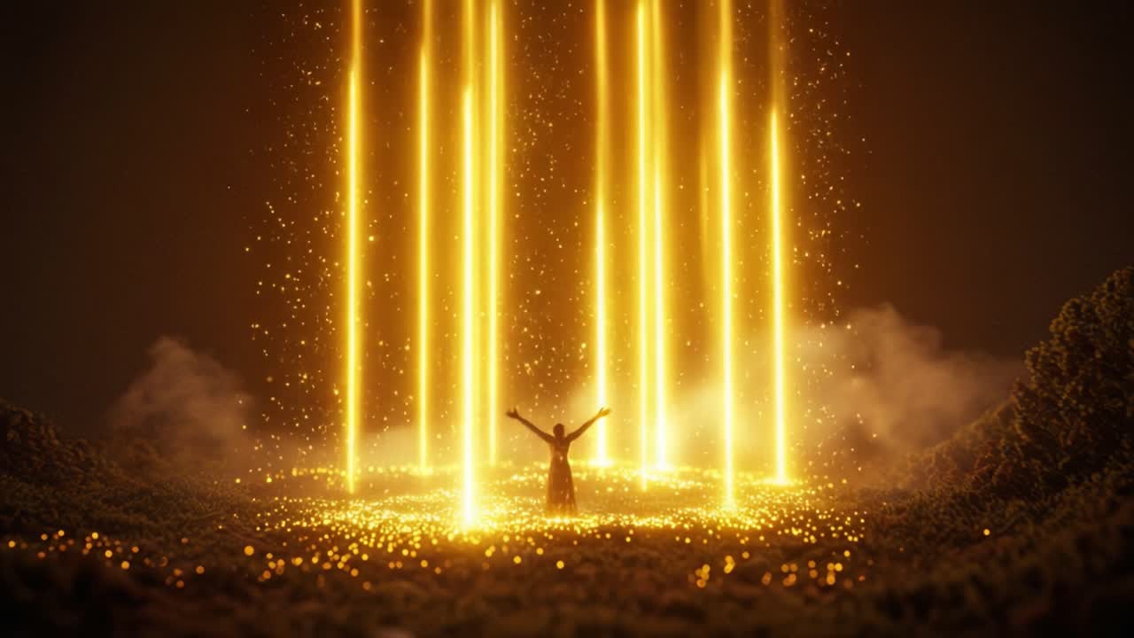 A mystical figure stands amidst radiant beams of light, surrounded by a mesmerizing display of golden sparkles in a surreal, enchanting landscape of wonder and magic
