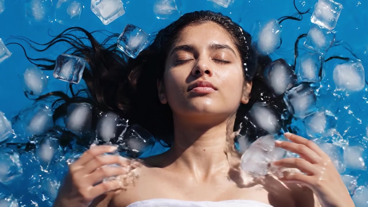 Un momento sereno: una giovane donna che galleggia tranquillamente in acqua cristallina circondata da cubetti di ghiaccio, evocando tranquillità e freschezza.