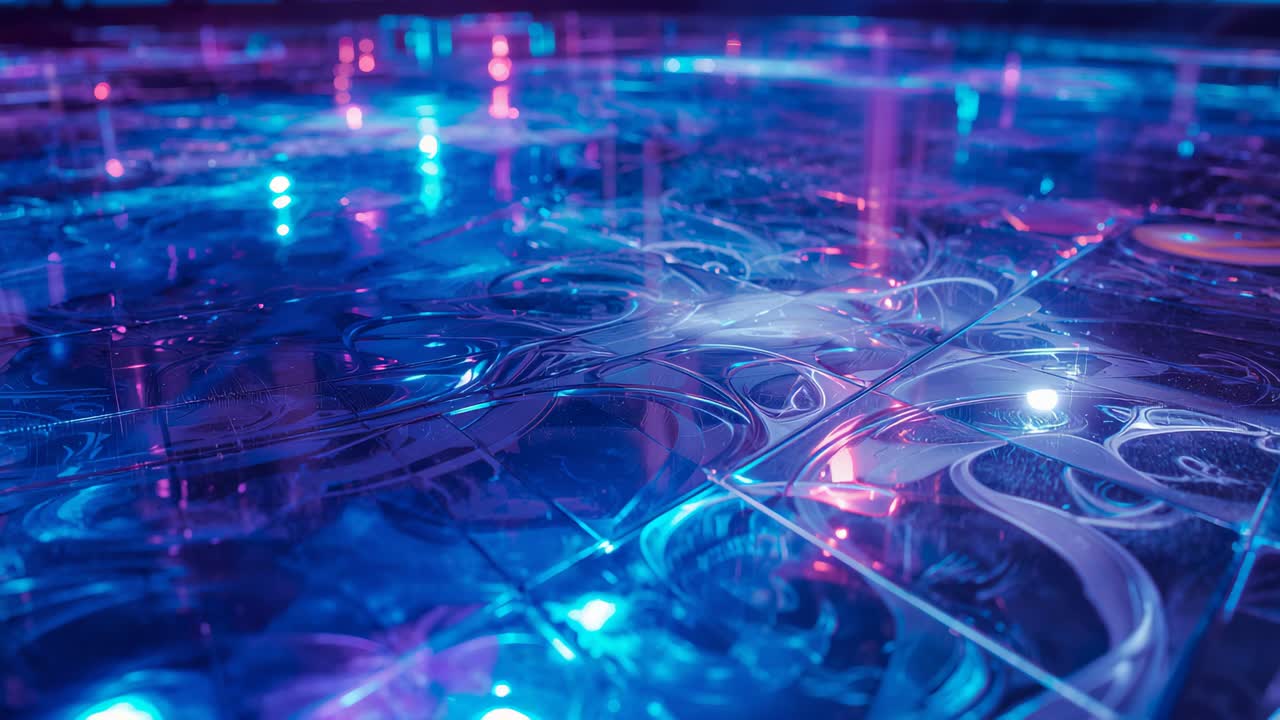 Reflective tiled floor rippling fluid textures under pulsing neon lights in virtual exhibit