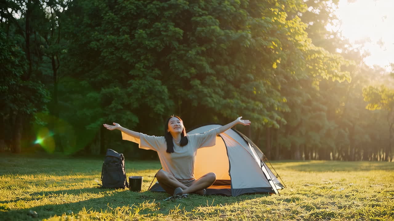 Woman camping and cooking outdoors in a sunny forest setting