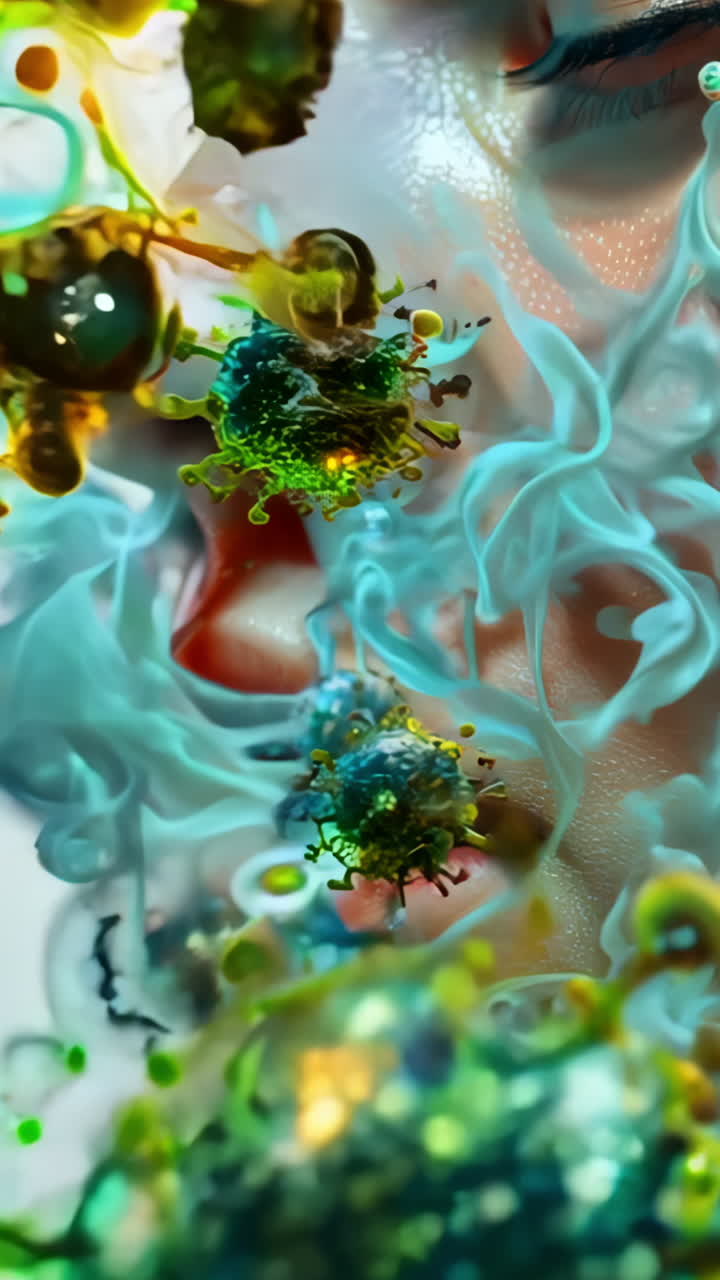 A woman's face is covered in green and blue smoke. The smoke is coming from a fire, and the woman's face is covered in it. The image is a representation of the effects of pollution