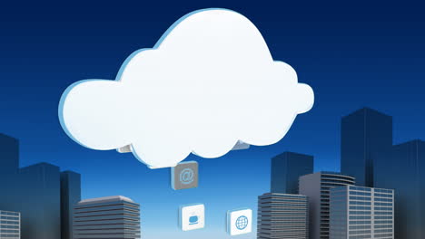 animation of blue cloud with digital online icons floating over cityscape