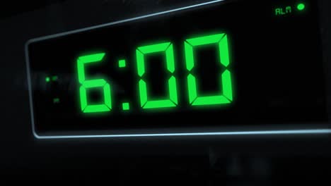 high quality cgi render of a digital alarm clock, with glowing green numbers, ticking over from 5