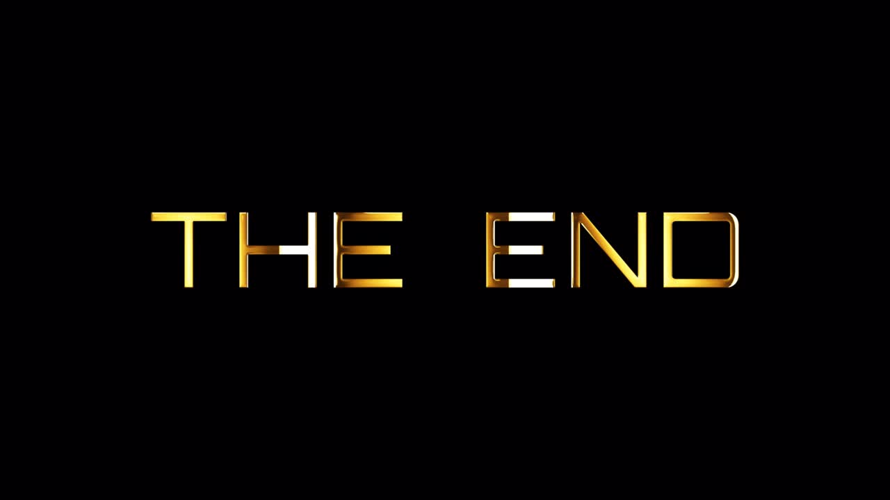 THE END  golden text with light glowing effect isolated with alpha channel Quicktime Prores 444 encode. 4K 3D rendering seamless loop Typography design. Video cover THE END for overlay your footage.