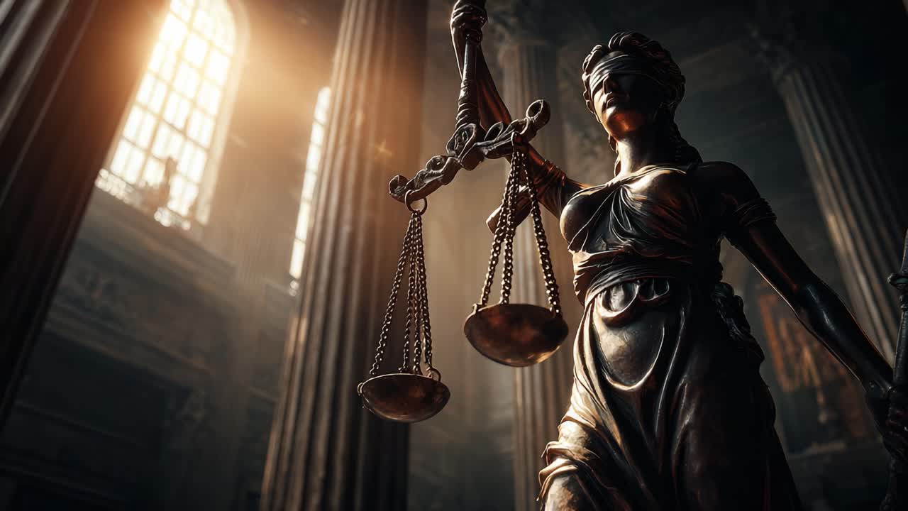 A Majestic Representation of Justice: Captivating Scales of Justice Statue Bathing in Ethereal Light Inside an Imposing Historical Hall