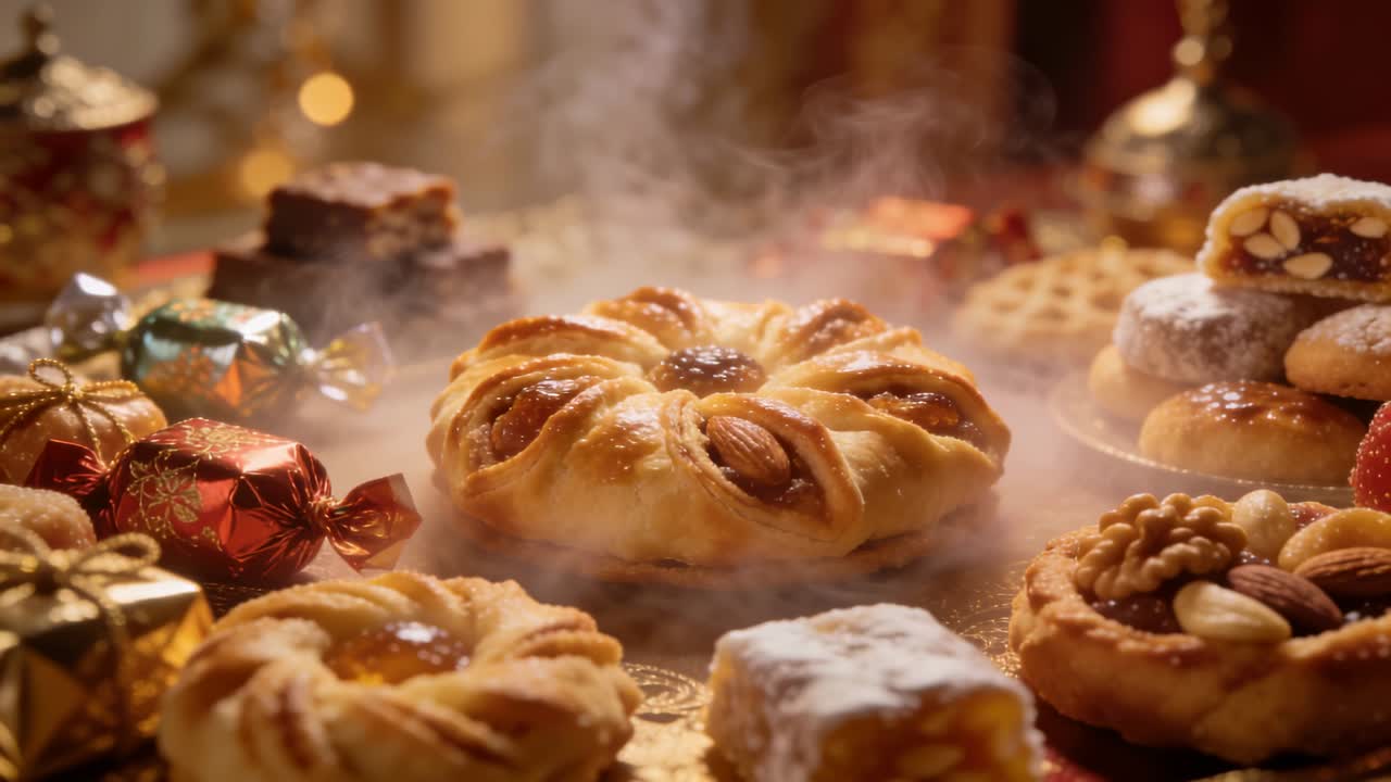 Framing central star pastry, camera capturing rising steam on holiday table, showing jam center