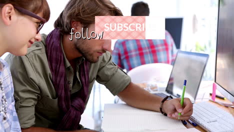 animation of subscribe and follow over happy caucasian female and male workers making notes