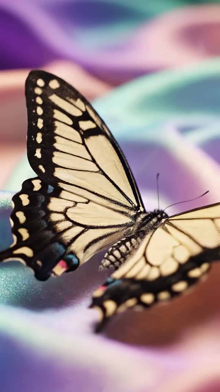 Video ravvicinato di una farfalla su tessuto dai colori vivaci, ripreso da un'angolazione bassa con un bokeh sognante