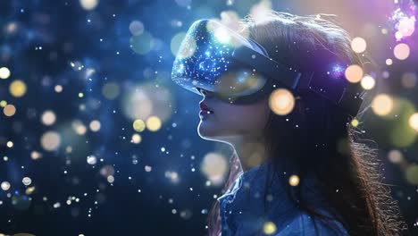 a woman wearing a virtual reality headset is looking at the camera. concept of wonder and excitement as the woman immerses herself in the virtual world