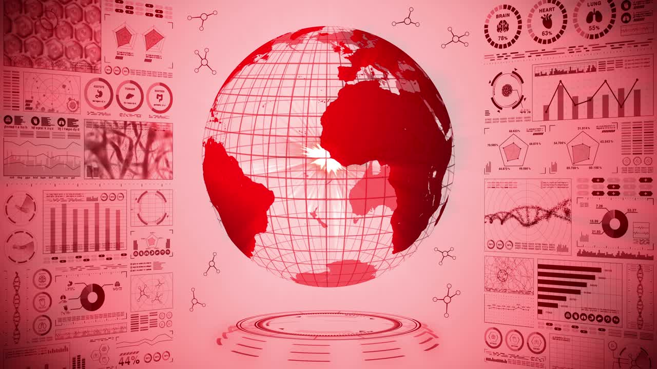 감염의 전염병: 감염의 은 점과 함께 글로벌 지구; 디지털 데이터 그래프의 의료 홀로그램 요소; 감염 통제; 치료 바이러스; 루프 애니메이션.