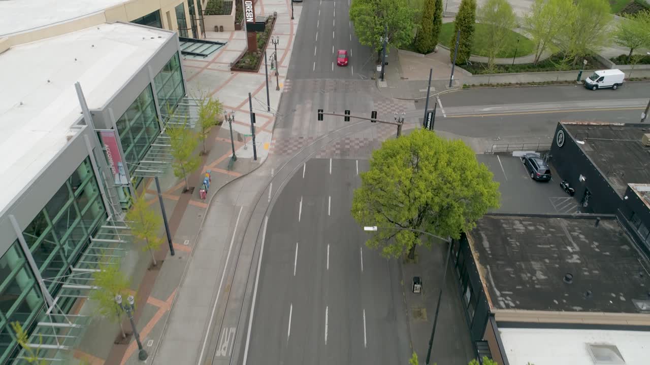 Historic aerial footage of Oregon Convention Center with empty streets due to the COVID-19 pandemic.