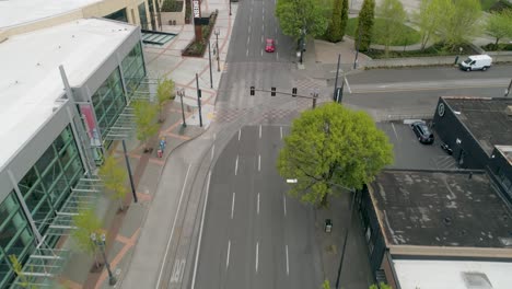 historic aerial footage of oregon convention center with empty streets due to the covid-19 pandemic.