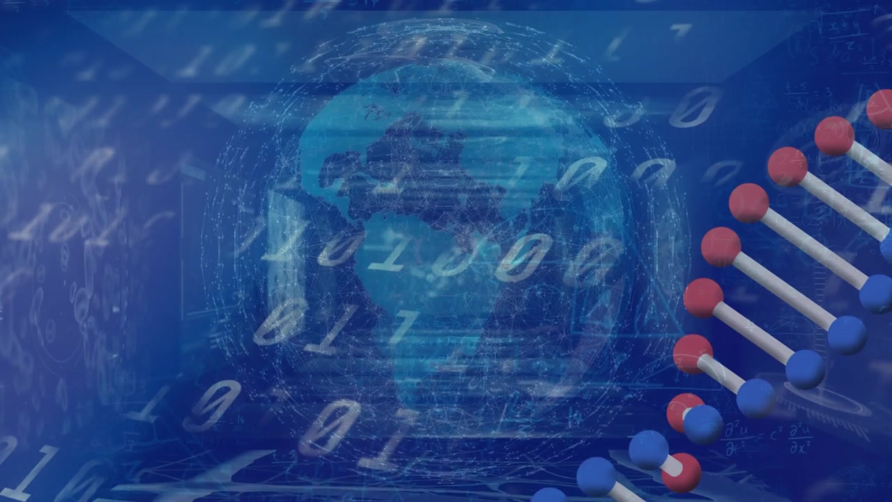 Animation of data processing, dna and globe on blue background