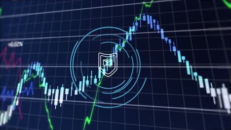 animación de múltiples gráficos, números sobre el sobre en escudo en círculos contra un fondo abstracto