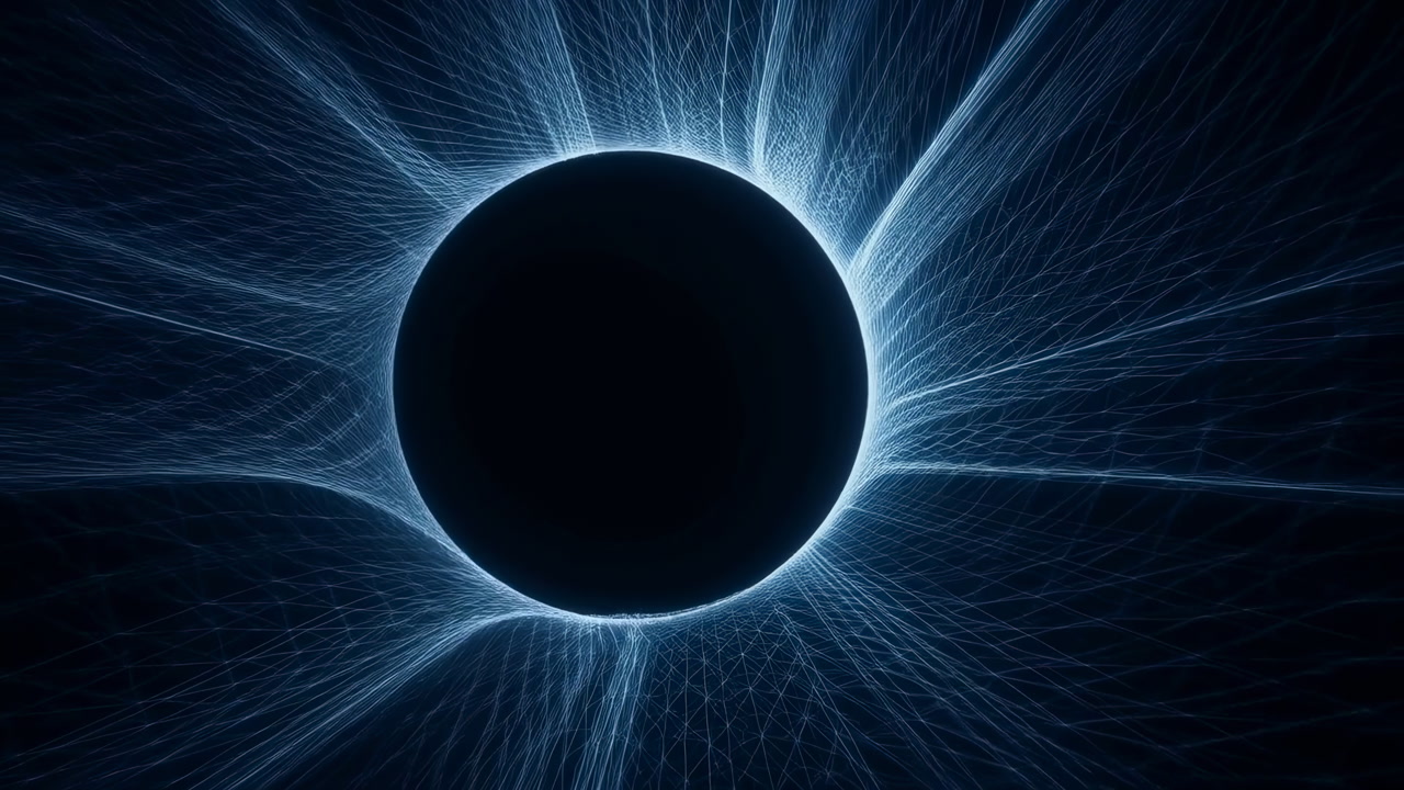 Eclipsed Disc With Radiant Corona Streaming Lines, Radial Light Grid, Slow Expansion, Cool Blue Hues,