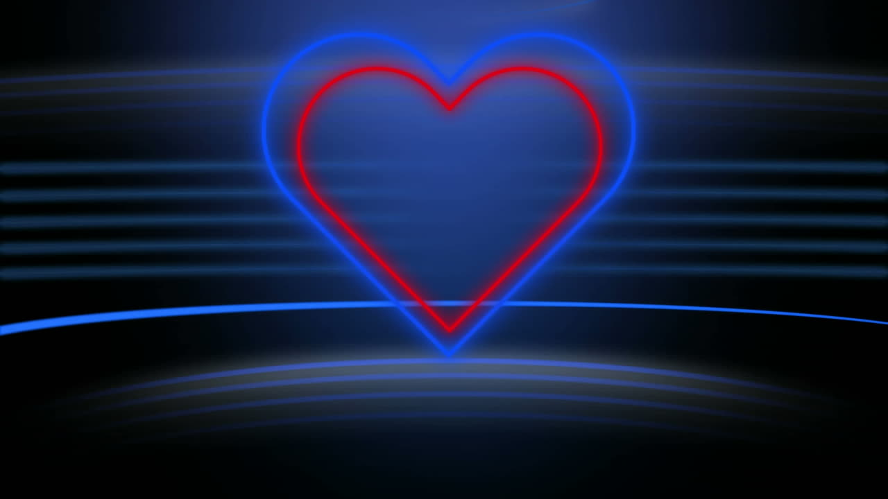 animación de corazones de neón concéntricos rojos que parpadean sobre un fondo de líneas oscuras