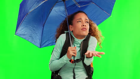 woman, umbrella and rain weather by green screen