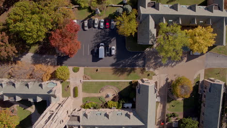 overhead flyover of seminary, church, city park, and residential neighborhood in autumn