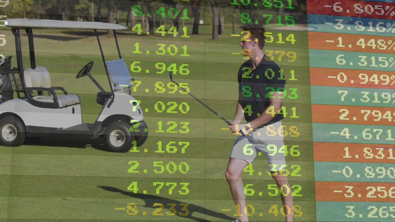 Male golfer walking fairway with golf cart in finance theme, displaying numeric data overlays