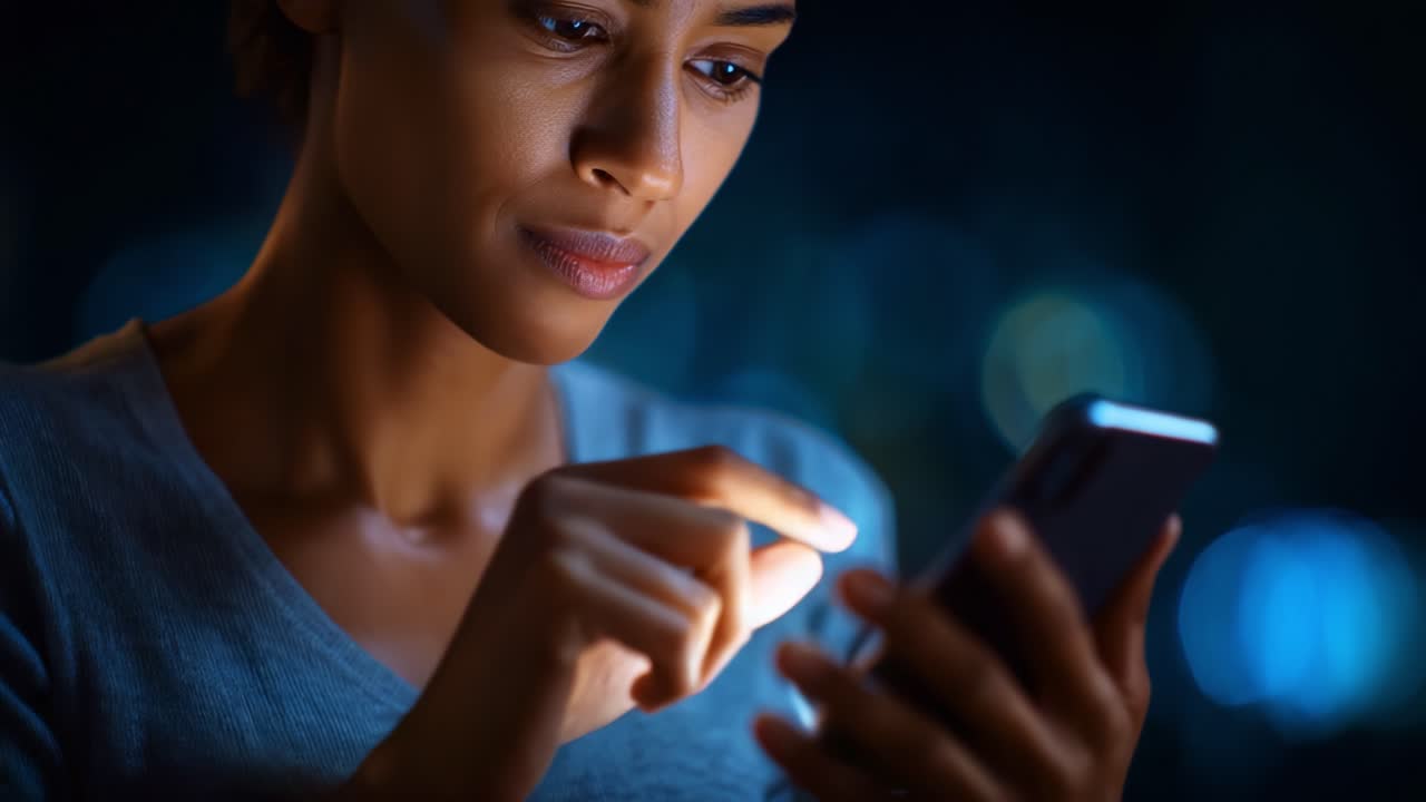 A woman focused on her smartphone device in a dimly lit environment, showcasing the intricate relationship between technology and human interaction in modern life