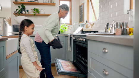 Kitchen,-oven-and-grandmother-cooking-with-child