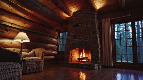 cozy log cabin interior with burning fireplace