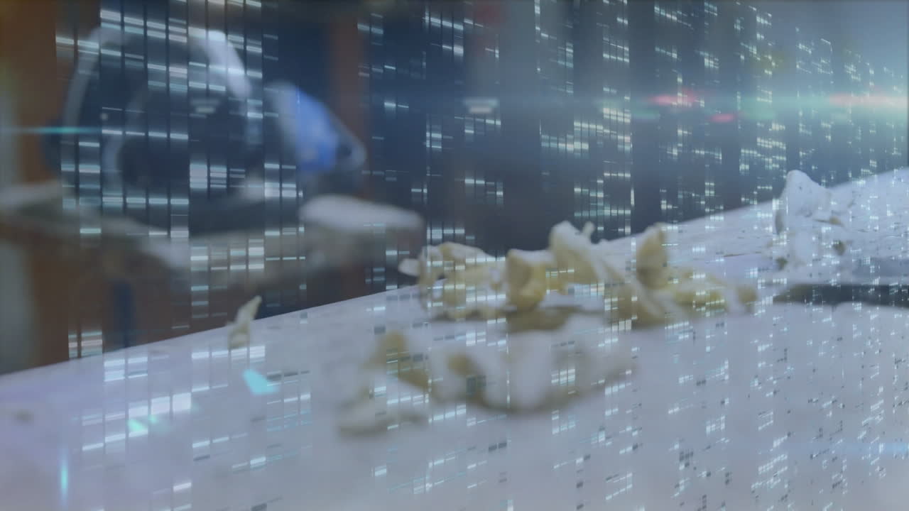 Shredded paper falling over digital data processing animation with blue lights