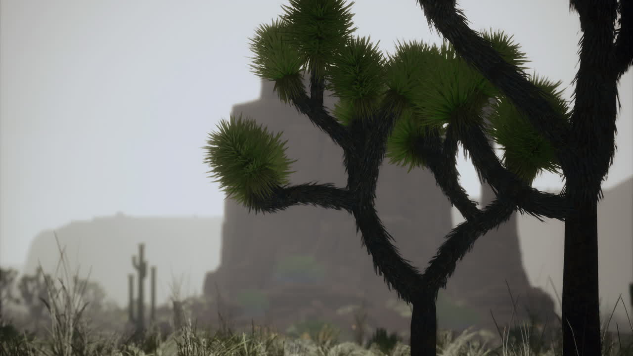 Desert landscape at twilight featuring unique vegetation and distant mountains