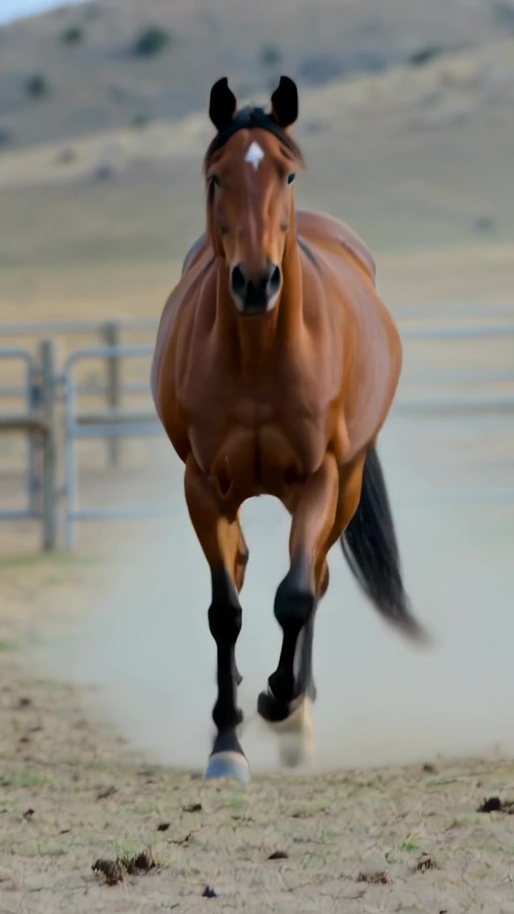 Video verticale: Cavallo baio che entra nell'inquadratura, correndo in un paddock asciutto e sollevando polvere sulle impronte degli zoccoli.