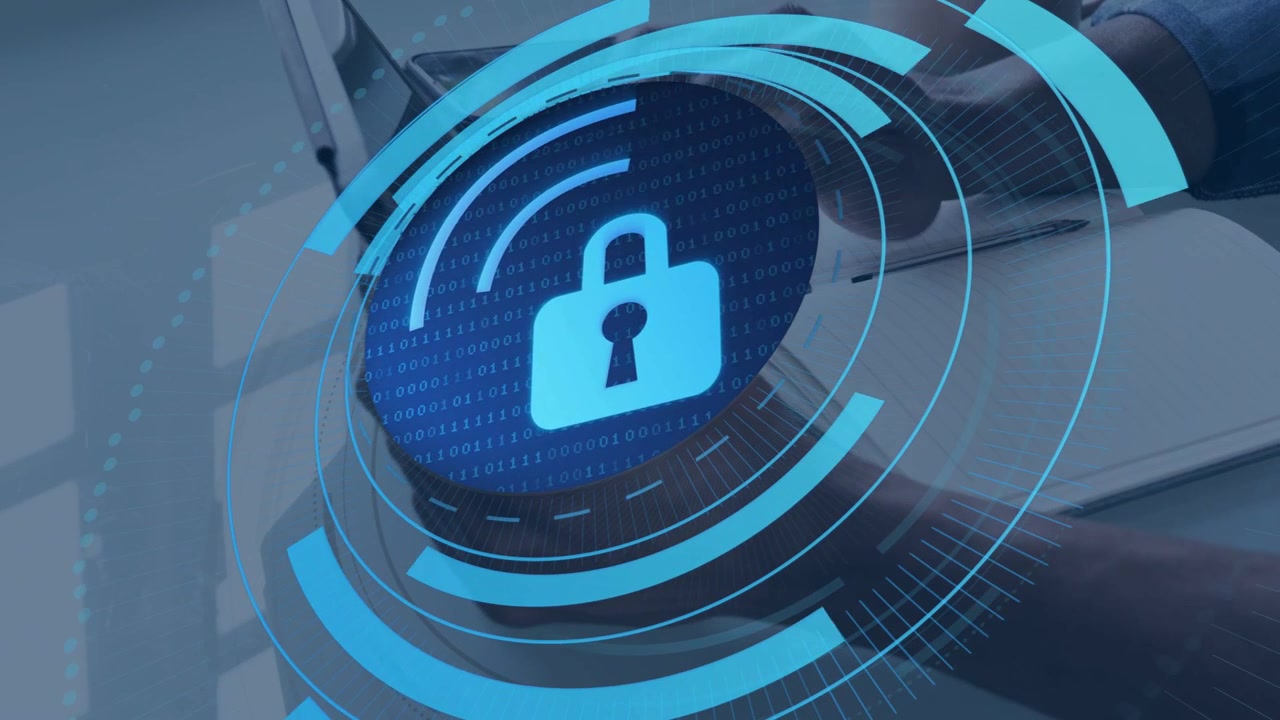 Office worker placing phone near laptop hinge, activating padlock HUD, encrypting data for security