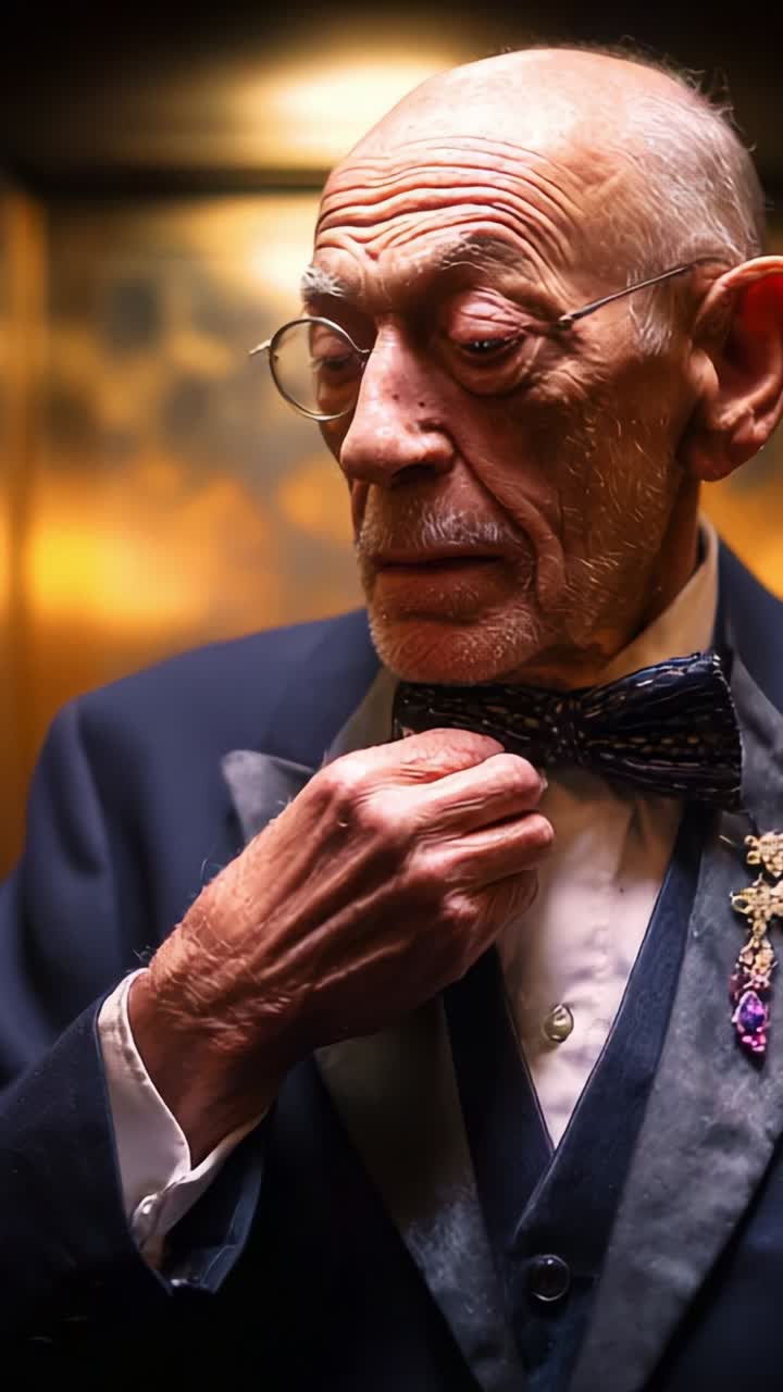 Un uomo anziano si sistema il papillon e si ricompone in un ascensore, emanando raffinatezza e sicurezza di sé in un abbigliamento di classe, con disinvoltura ed eleganza