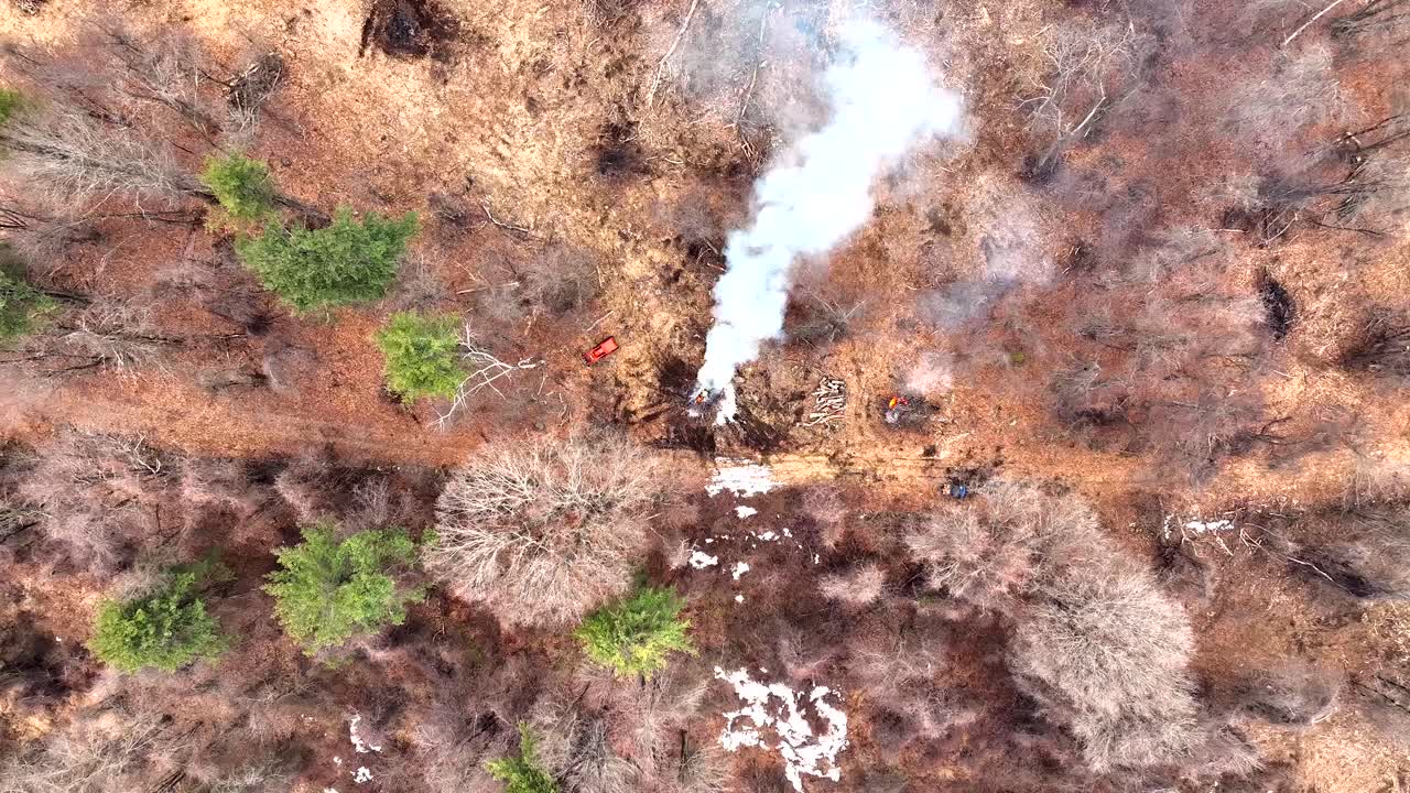 Kışın ABD'de kontrollü orman yangınının havadan yukarıdan aşağıya görünümü, yönetilen yakma hatlarından yükselen duman ve arazi yönetimi ile orman yangını önleme çabalarına yardımcı olan makinelerle. MA, ABD.
