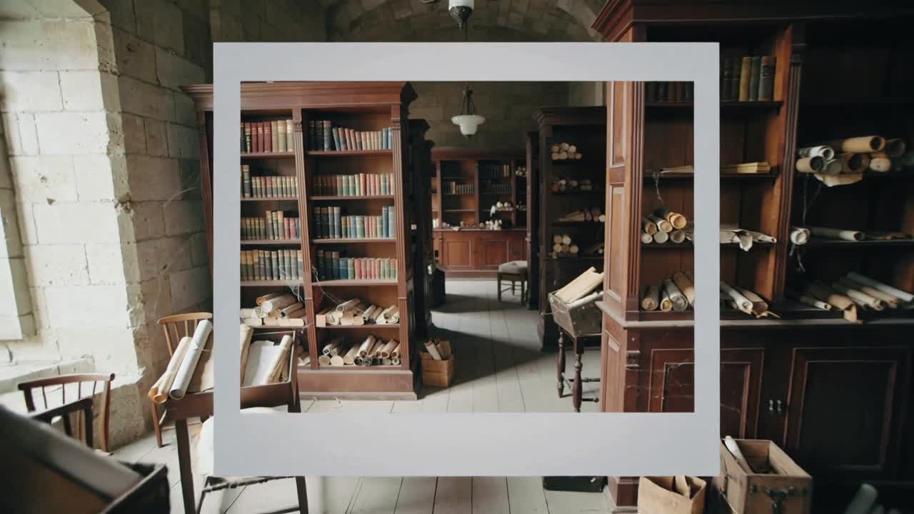 Cornice polaroid animata che scala e si sposta in un archivio di pietra, allineandosi con scaffali e pergamene.