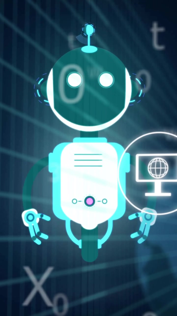 Robotanimation over digitale ikoner og binær kodebaggrund