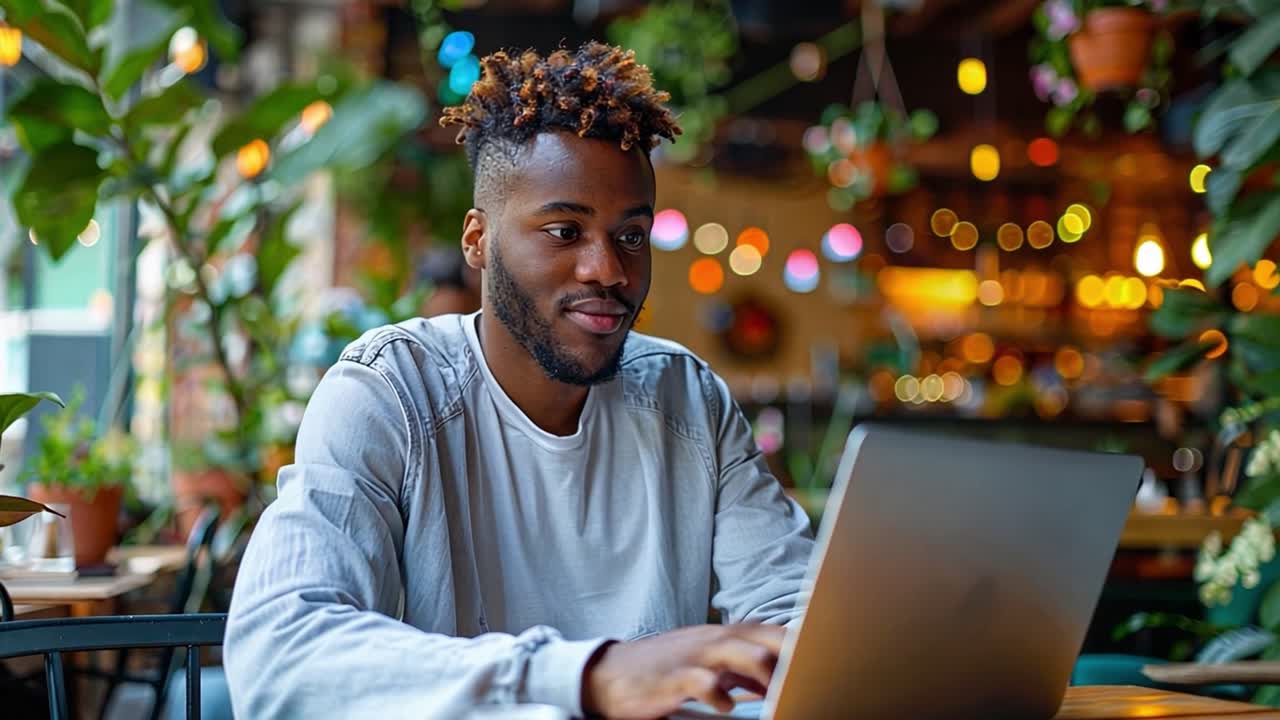 Young Man Working on Laptop in a Cafe