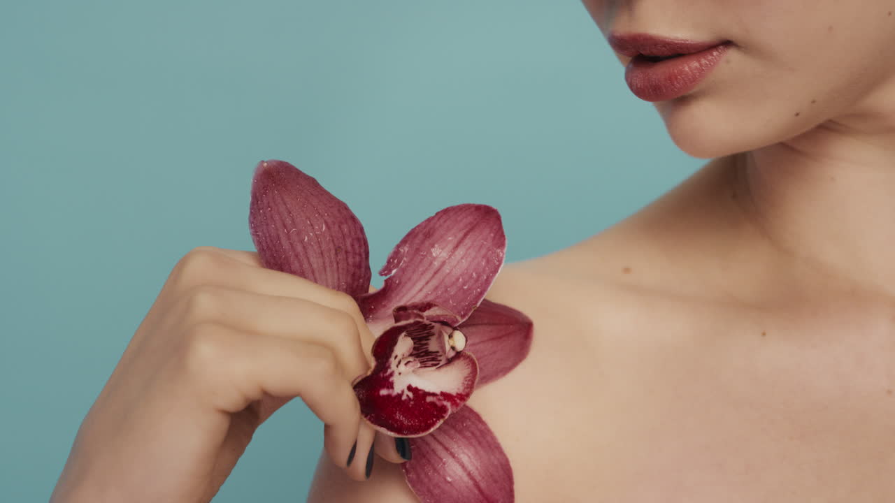 ritratto di bellezza da vicino donna che tocca il corpo con un fiore di orchidea rossa che accarezza una pelle liscia e sana che gode di una fresca fragranza naturale concetto di cura della pelle