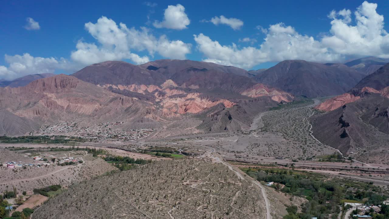 Wide forward aerial of El Pucar&aacute; de Tilcara in rural Jujuy, Argentina