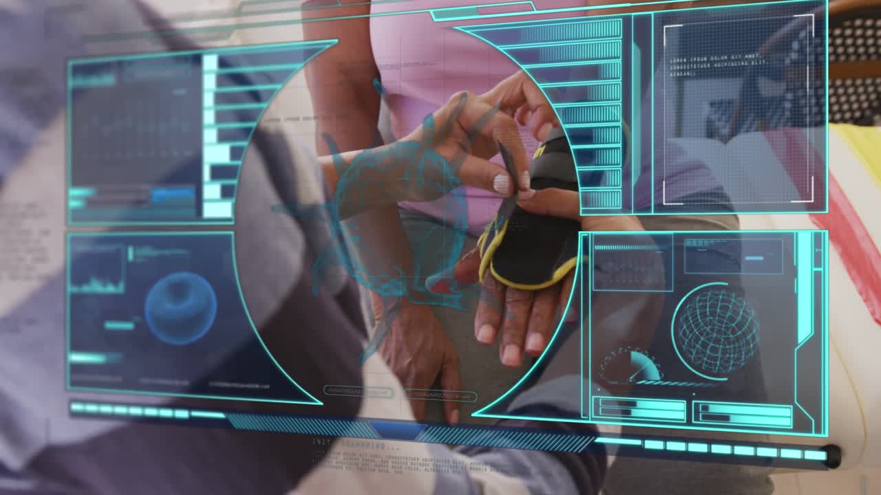 animación de células de covid-19 y procesamiento de datos médicos sobre una mujer con correa de muñeca