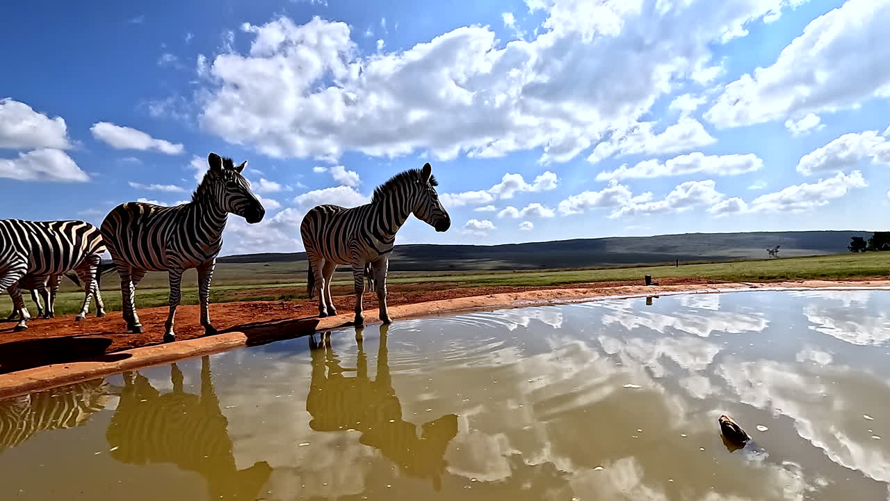 POV next to artificial waterhole on game reserve of zebras drinking