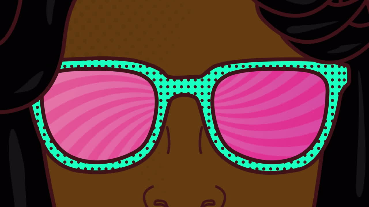 animación del rostro humano y patrón circular en gafas contra un fondo abstracto