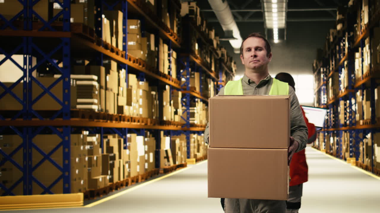 Operaio industriale che gestisce scatole di cartone per la logistica in una struttura.