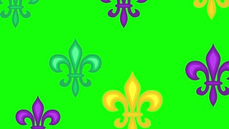 animation beautiful fleur-de-lis lily symbol on green screen. venetian carnival mardi gras greeting. seamless looped video with green, yellow, purple elements. stock video