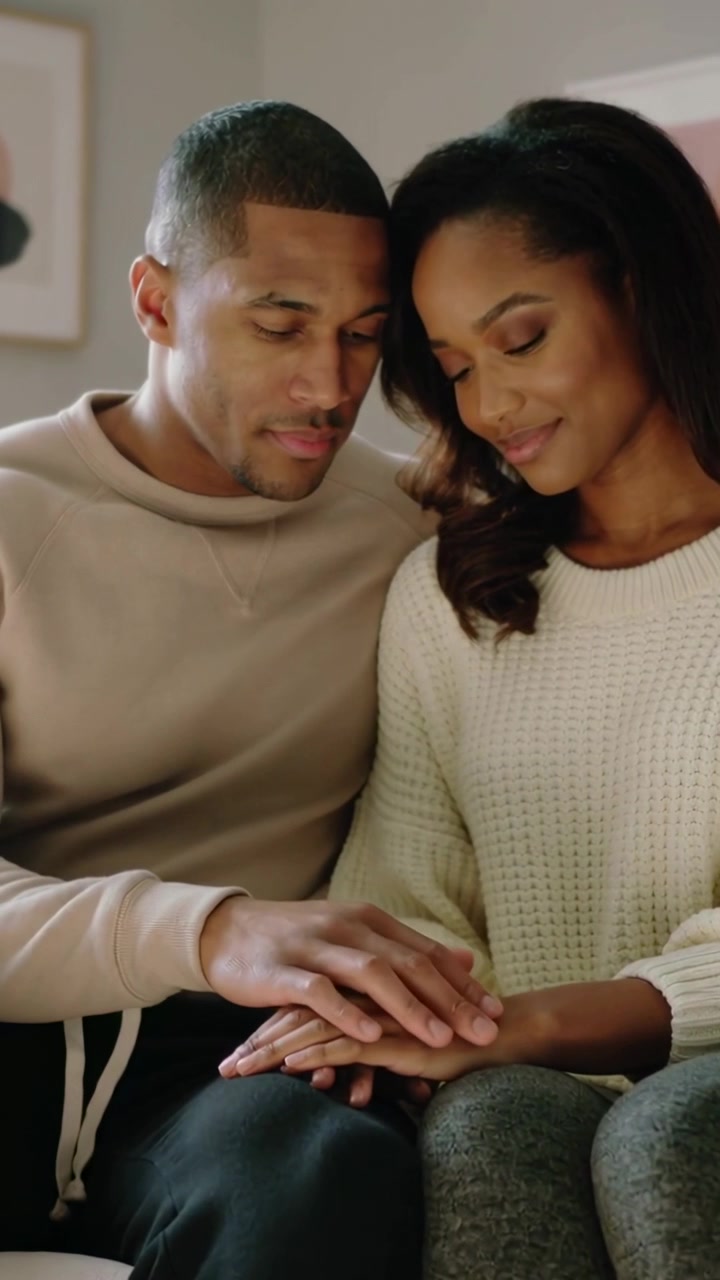 Vertical video: Seated couple after man's glance holding hands on sofa in sweatshirt for comfort